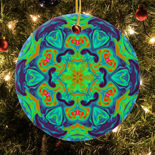 Psychedelic Mandala Flower Green Blue en Red Keramisch Ornament