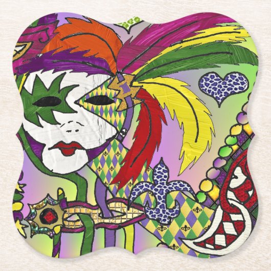 Psychedelic Mardi Gras Feather Mask Kartonnen Onderzetters (Voorkant)