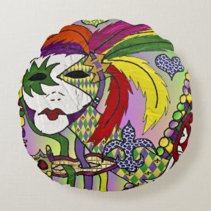 Psychedelic Mardi Gras Feather Mask Rond Kussen