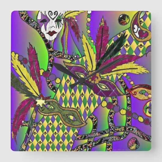 Psychedelic Mardi Gras Feathermaskers Vierkante Klok (Voorkant)