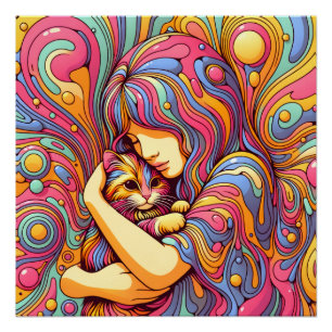 Psychedelic meisje en kat perfect poster
