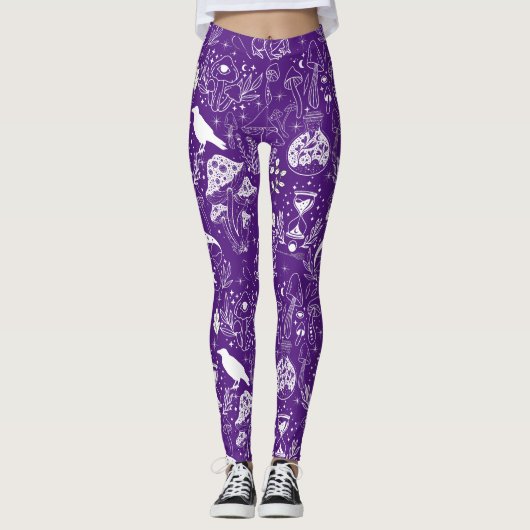 Psychedelic Mushroom Pattern 2D.BW.b Paarse BG Leggings (Voorkant)