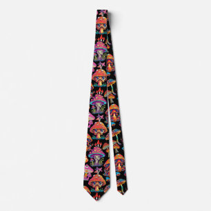 Psychedelic Mushroom Pattern 3D B.Black BG Stropdas