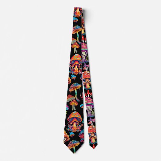 Psychedelic Mushroom Pattern 3D Zwart BG Stropdas (Voorkant)