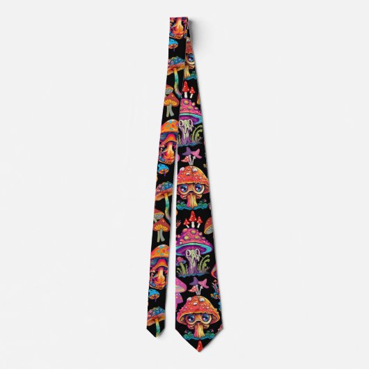 Psychedelic Mushroom Pattern 3D Zwart BG Stropdas (Achterkant)