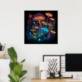 Psychedelic Mushroom Poster Neon Bright Dark Glow (Thuiskantoor)