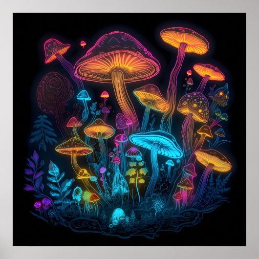 Psychedelic Mushroom Poster Neon Bright Dark Glow (Voorkant)