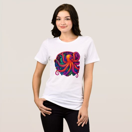 Psychedelic Neon Deep Sea Kraken Octopus T-Shirt (Voorkant volledig)