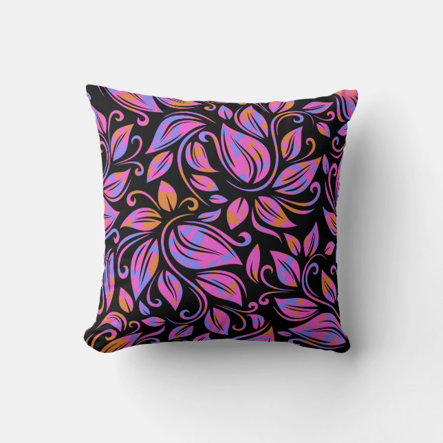 Psychedelic Neon Pink Paars Oranje Print Black Kussen (Voorkant)