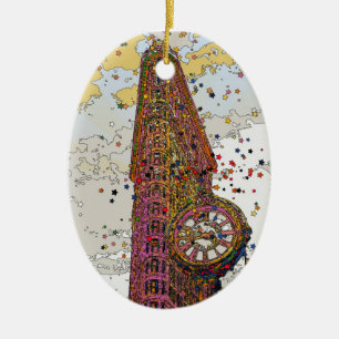 Psychedelic NYC: Flatiron Building & Clock #1A Keramisch Ornament