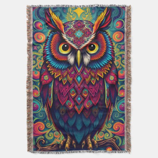 🌈 Psychedelic Owl Comfort – Boho Animal Throw Art Deken (Voorkant Verticaal)