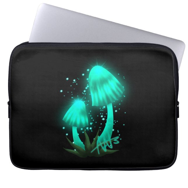 Psychedelic Pixie Pet Gloeiende Cyan Mushroom Laptop Sleeve (Voorkant)