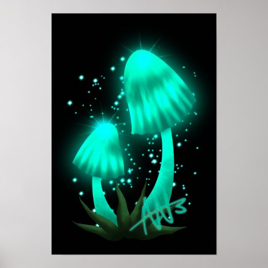Psychedelic Pixie Pet Gloeiende Cyan Mushroom Poster (Voorkant)