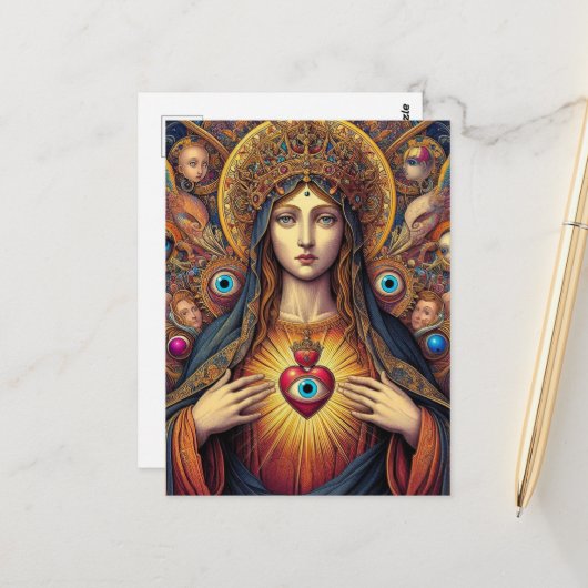 psychedelic Protection From Evil Mary Colorful Briefkaart (Voorkant / Achterkant in situ)