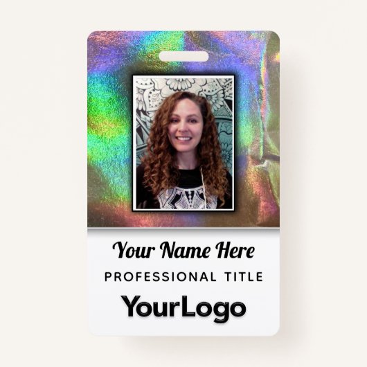 Psychedelic Rainbow Faux Holographic Photo Name Badge (Voorkant)