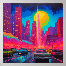 Psychedelic roze blauw stad auto's poster