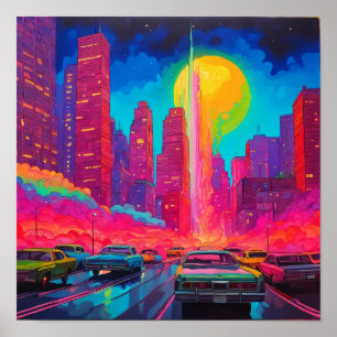 Psychedelic roze blauw stad auto's poster