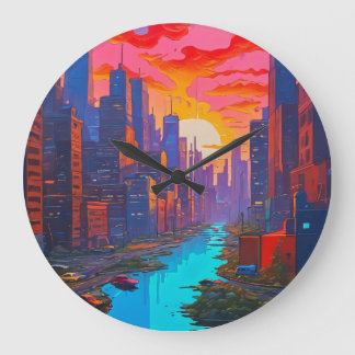Psychedelic roze stadsgezicht met rivier grote klok