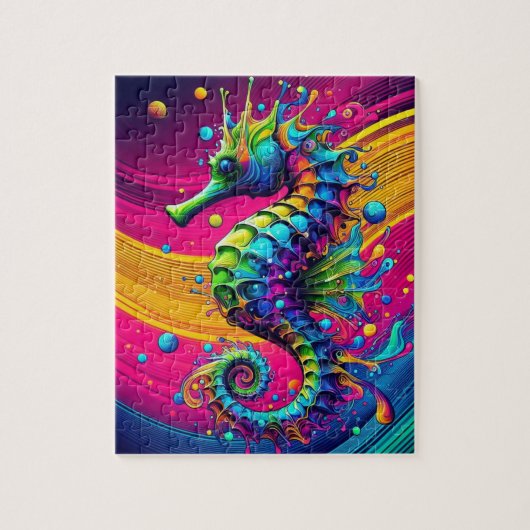 Psychedelic Seahorse Puzzle – Vibrant Ocean Challe Legpuzzel (Verticaal)