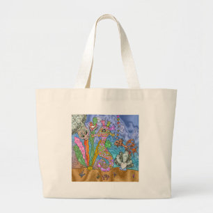 Psychedelic Seahorse Zee Turtle Art Grote Tote Bag