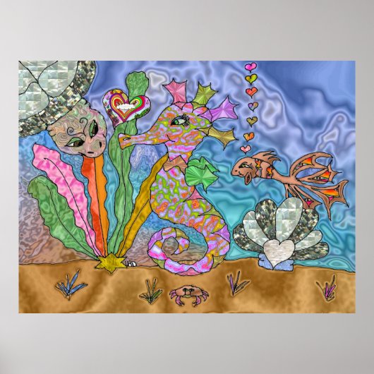 Psychedelic Seahorse Zee Turtle Art Poster (Voorkant)