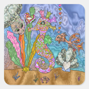 Psychedelic Seahorse Zee Turtle Art Vierkante Sticker