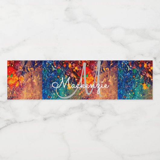 Psychedelic Splatter | Abstract regenboogmonogram Waterfles Etiket (Enkel label)