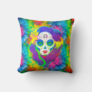 [Psychedelic Sugar Skull] Fractale Tie-Dye Calaver Kussen
