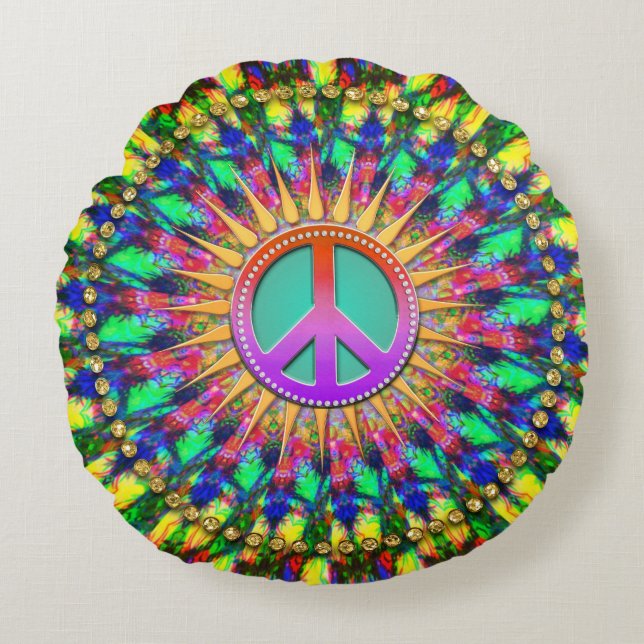 Psychedelic Sunshine Groovy Peace Energy Decor Rond Kussen (Voorkant)