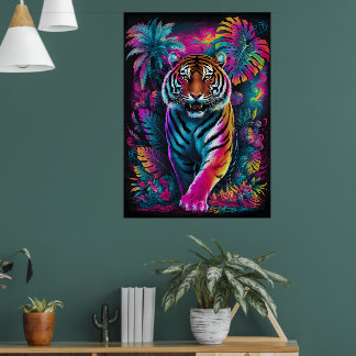 Psychedelic Tiger – Vibrant Neon Oerwoud Art Poste Poster