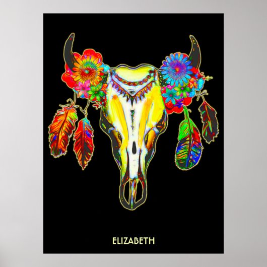 Psychedelic Tribal Koe Skull Flowers Feathers Poster (Voorkant)