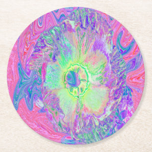 Psychedelic Trippy Lime Green en Paarse Hibiscus Ronde Kartonnen Onderzetter