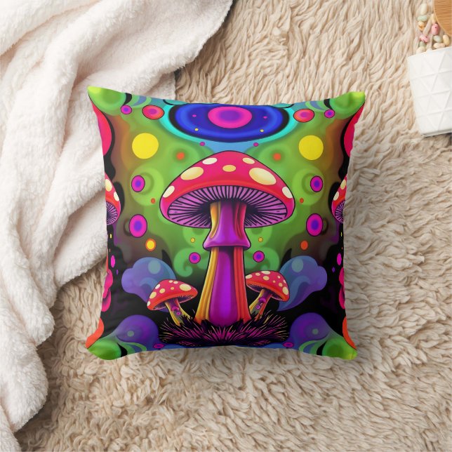 Psychedelic Vibrant Colorful Retro Mushrooms Kussen (Deken)