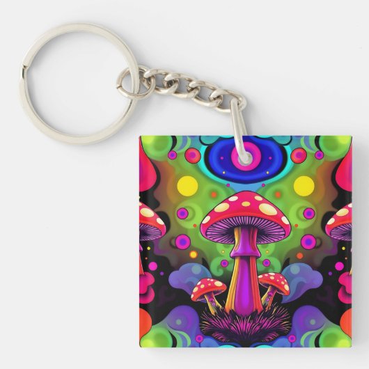 Psychedelic Vibrant Colorful Retro Mushrooms Sleutelhanger (voorkant)