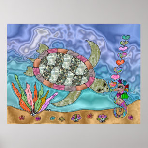 Psychedelic Zee Turtle Seahorse Art Poster