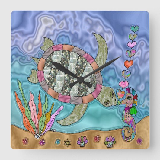Psychedelic Zee Turtle Seahorse Art Vierkante Klok (Voorkant)