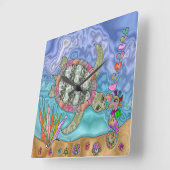 Psychedelic Zee Turtle Seahorse Art Vierkante Klok (Hoek)