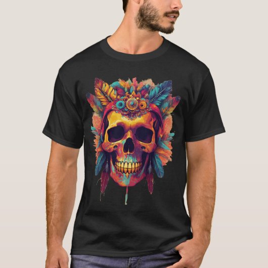 Psychedelisch gevederde schedel T-shirt (Voorkant)