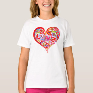 Psychedelisch hart, liefde, vredesteken, bloemen t-shirt