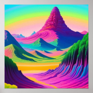 Psychedelisch Landschap Roze Groene Berg Kunst Poster