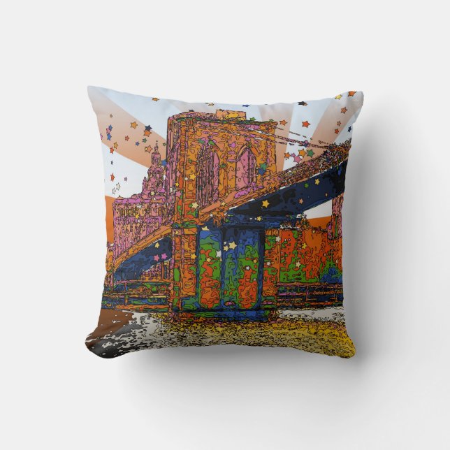 Psychedelisch NYC: Brooklyn Bridge #1 Kussen (Voorkant)