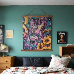 Psychedelisch Roze Gitaar Gele Bloemen Tealblauwe Hangend Wandkleed