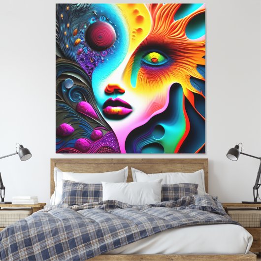 Psychedelische Abstracte gezicht Vibrant Trippy Canvas Afdruk (Insitu (Slaapkamer))