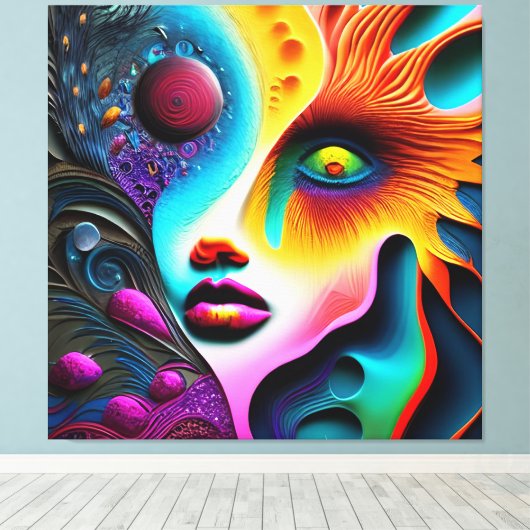 Psychedelische Abstracte gezicht Vibrant Trippy Canvas Afdruk (Insitu (Houten vloer))