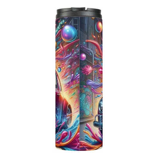 Psychedelische auto in een explosie van kleur thermosbeker (Achterkant)