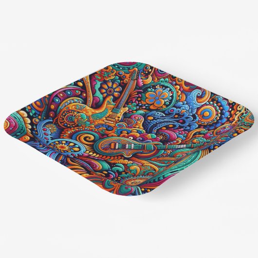 Psychedelische Batik Gitaar Art-Kleurrijke Retro M Papieren Bordje (Gebogen)