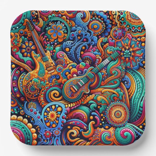 Psychedelische Batik Gitaar Art-Kleurrijke Retro M Papieren Bordje (Voorkant)