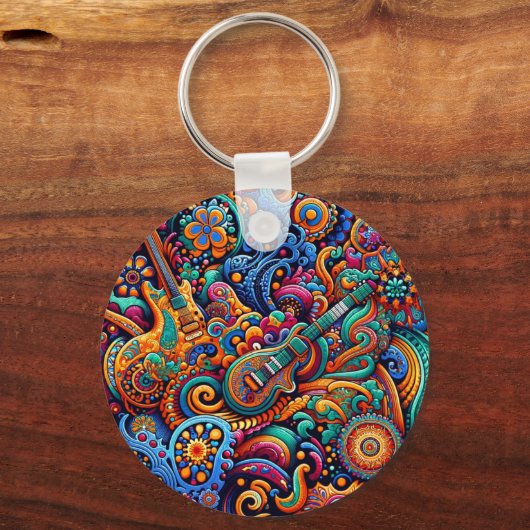 Psychedelische Batik Gitaar Art-Kleurrijke Retro M Sleutelhanger (Voorkant)