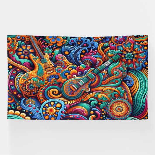 Psychedelische Batik Gitaar Art-Kleurrijke Retro M Spandoek (Horizontaal)