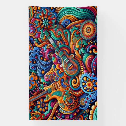 Psychedelische Batik Gitaar Art-Kleurrijke Retro M Spandoek (Verticaal)